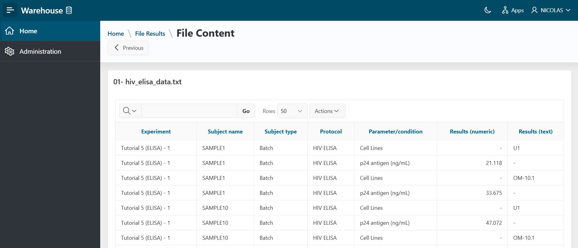 File Results Import - file content screenshot File Results Import - file content